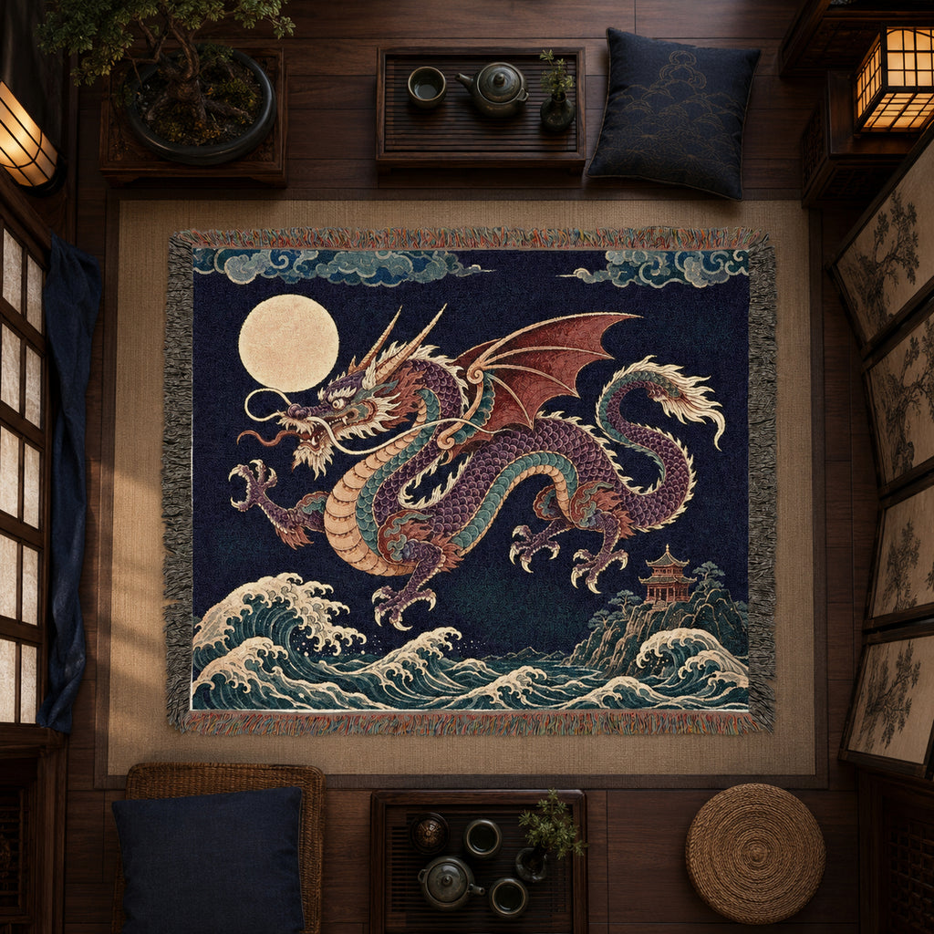 Moonlit Dragon Woven Blanket – Asian Fantasy Tapestry Throw