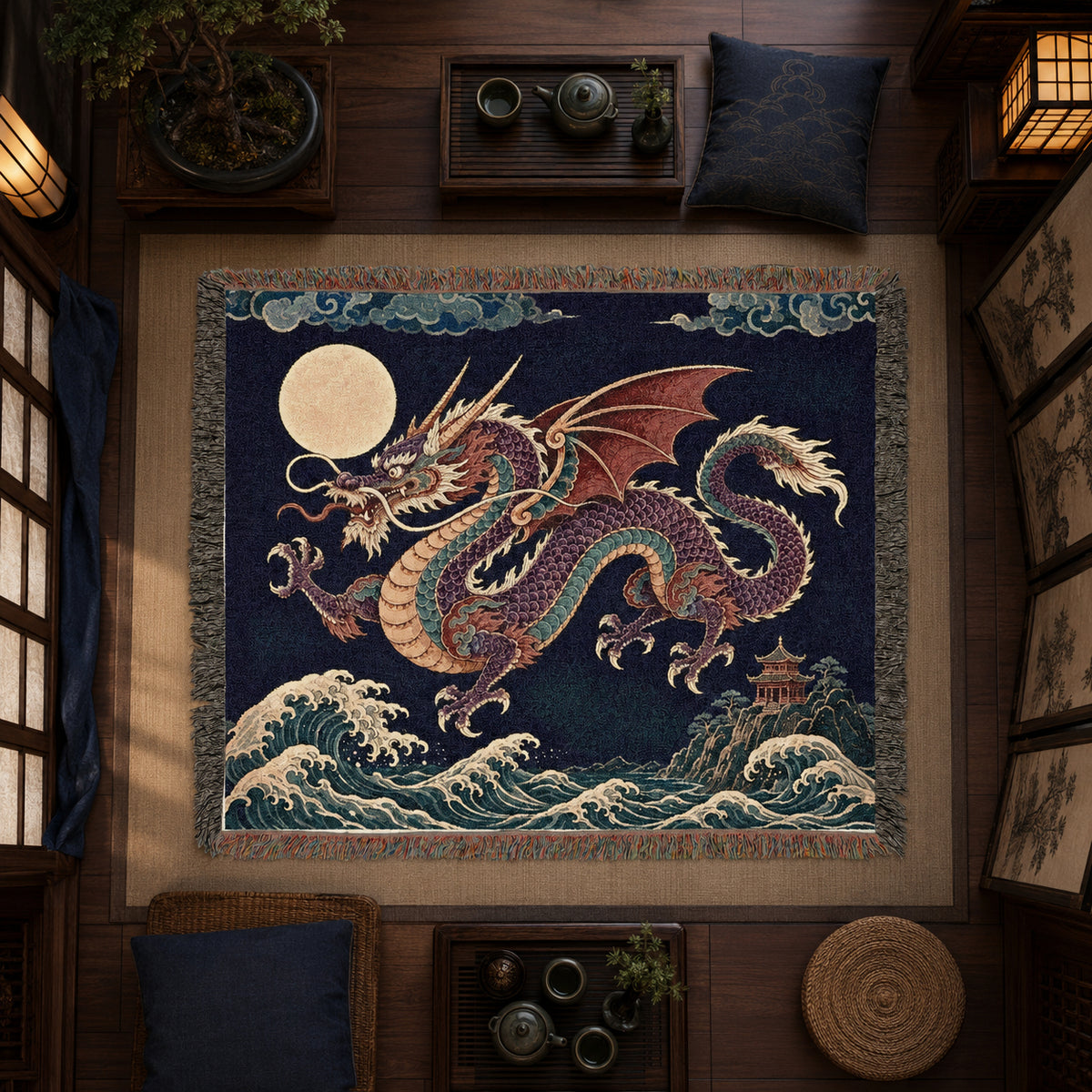 Moonlit Dragon Woven Blanket – Asian Fantasy Tapestry Throw