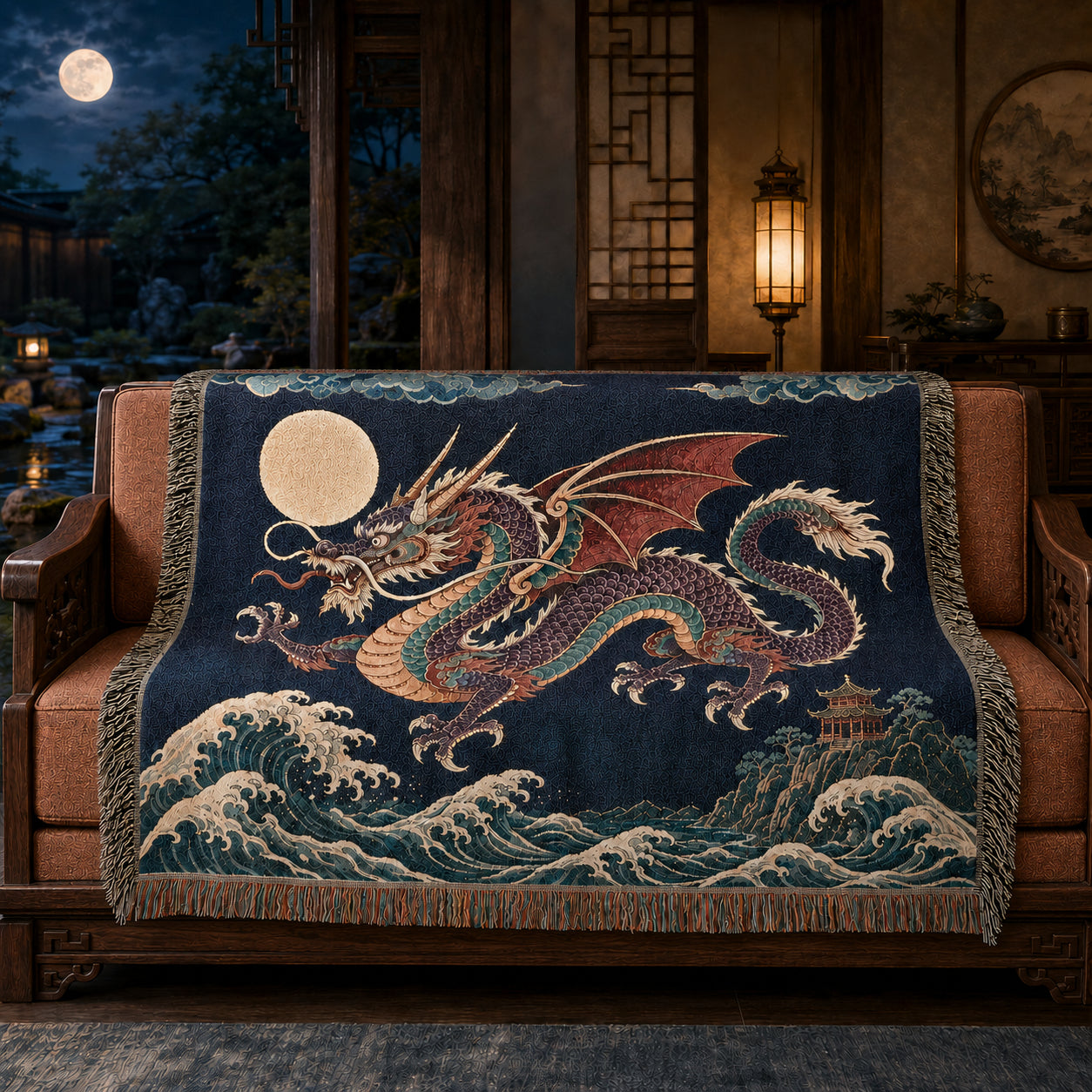 Moonlit Dragon Woven Blanket – Asian Fantasy Tapestry Throw
