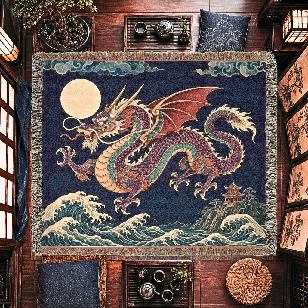 Moonlit Dragon Woven Blanket – Asian Fantasy Tapestry Throw