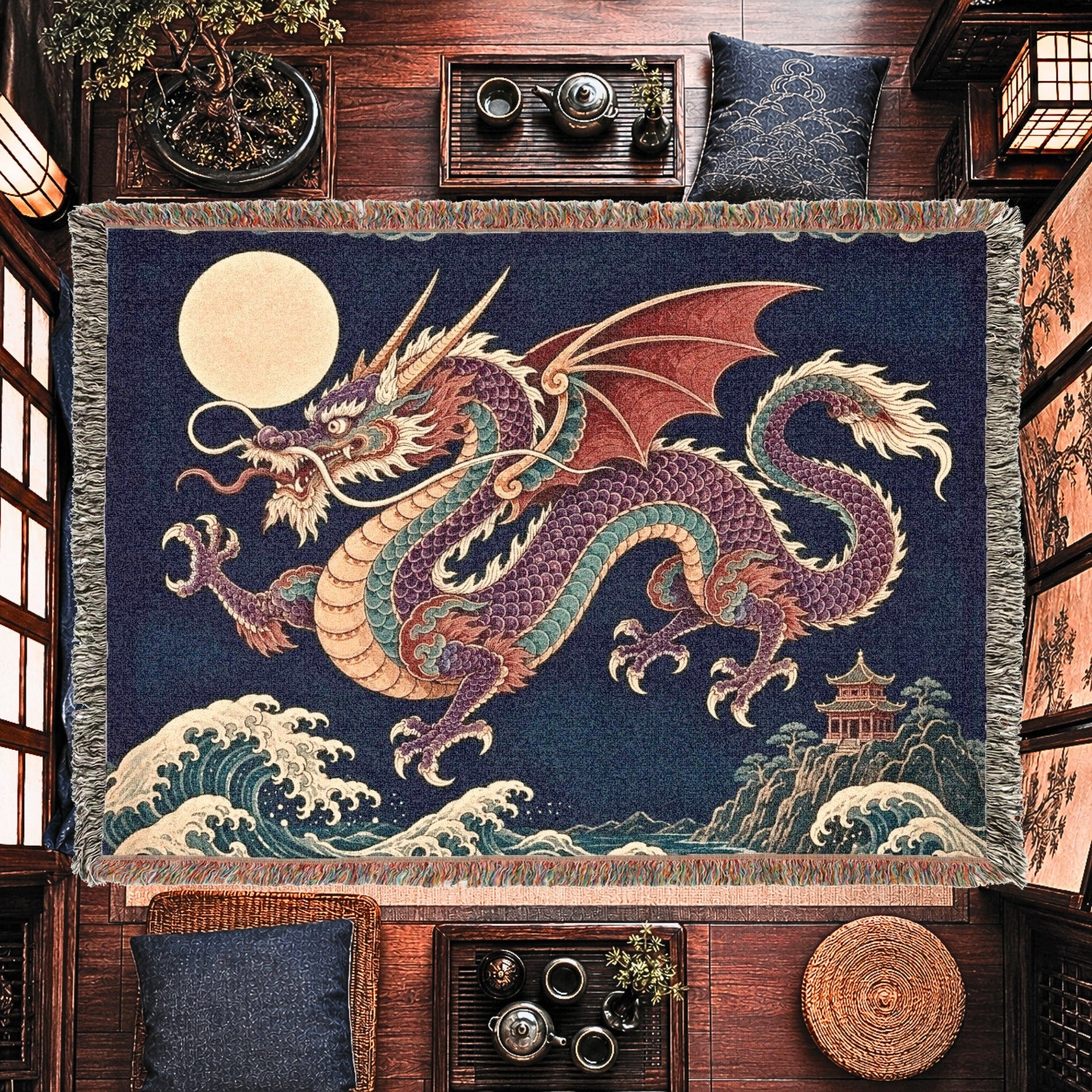 Moonlit Dragon Woven Blanket – Asian Fantasy Tapestry Throw