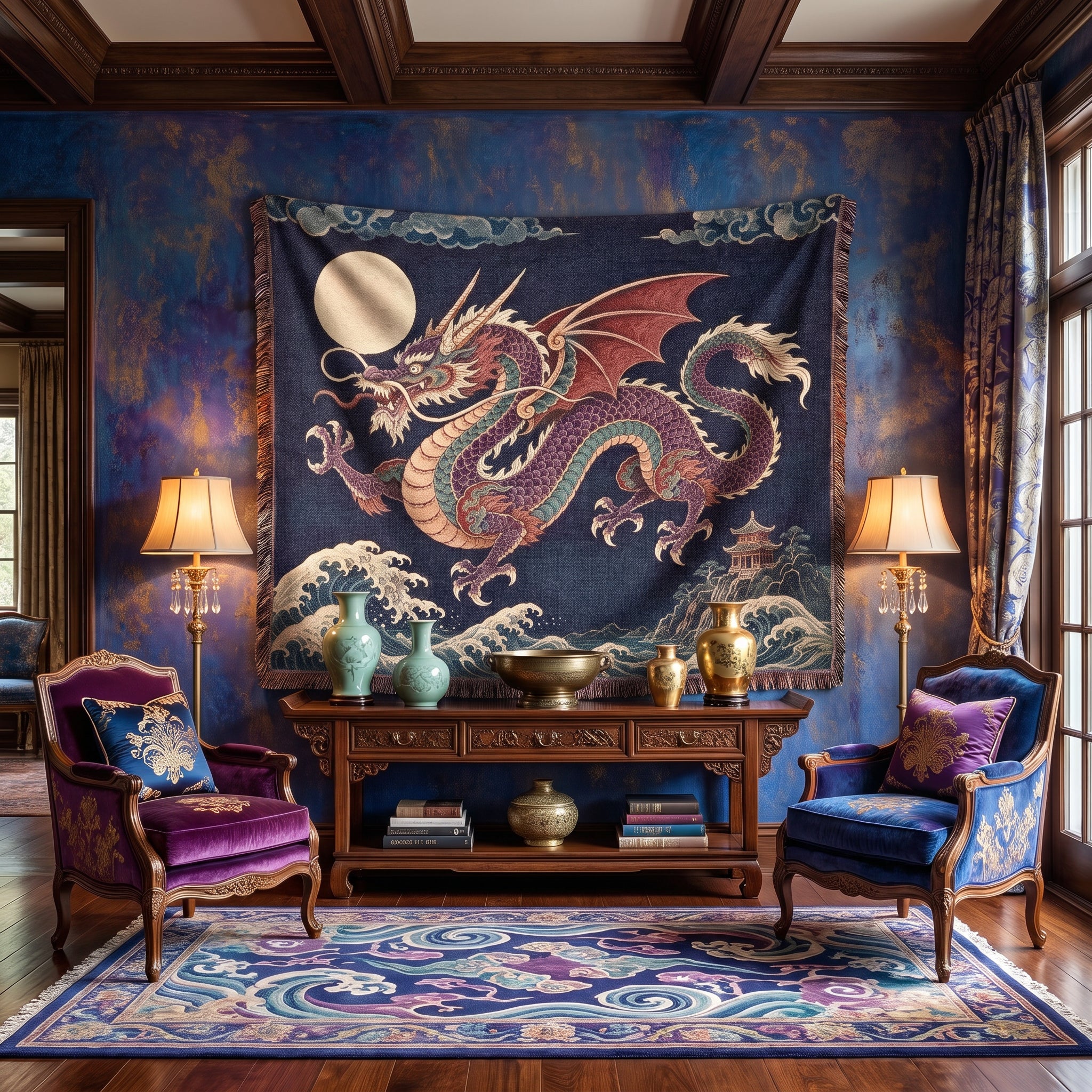 Moonlit Dragon Woven Blanket – Asian Fantasy Tapestry Throw