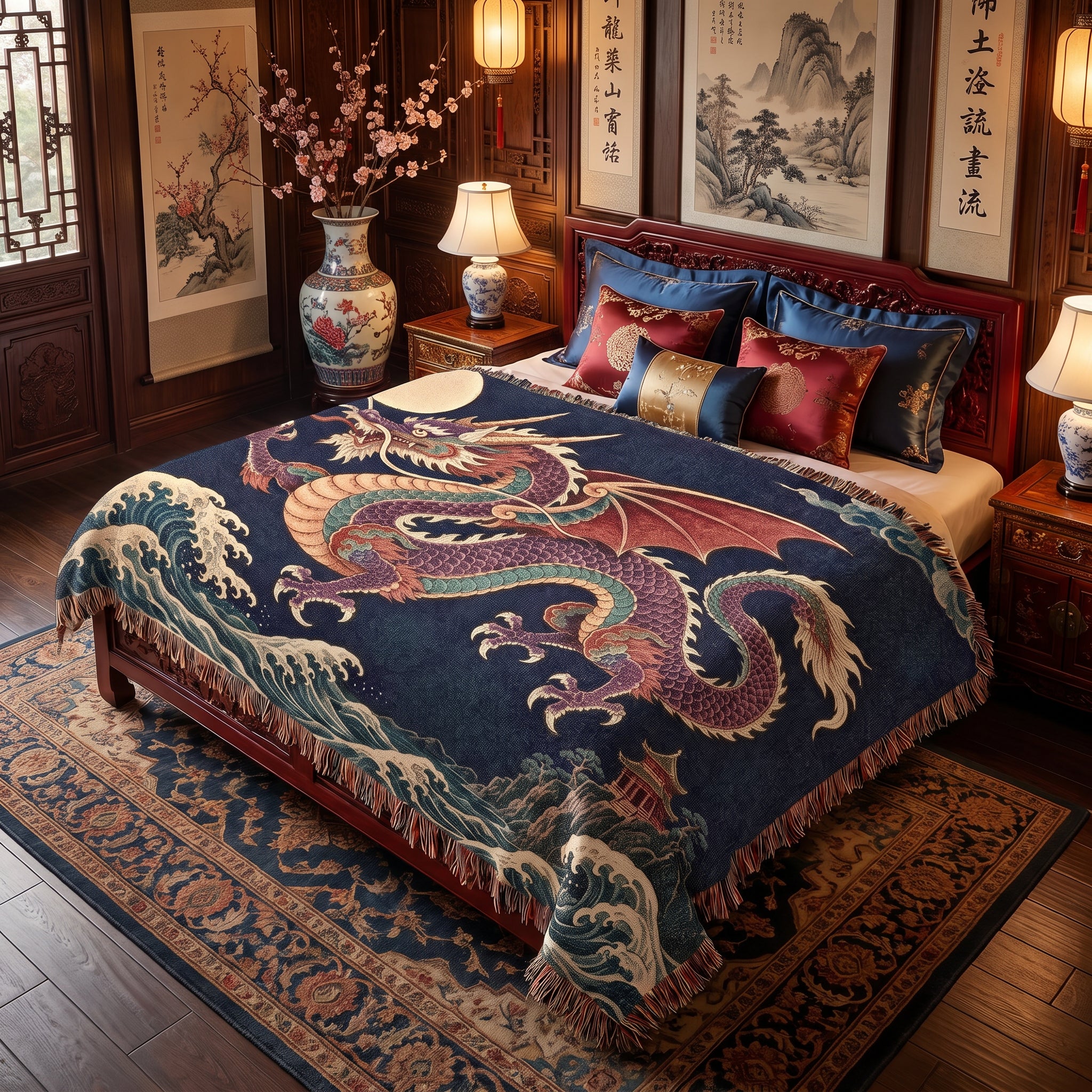 Moonlit Dragon Woven Blanket – Asian Fantasy Tapestry Throw