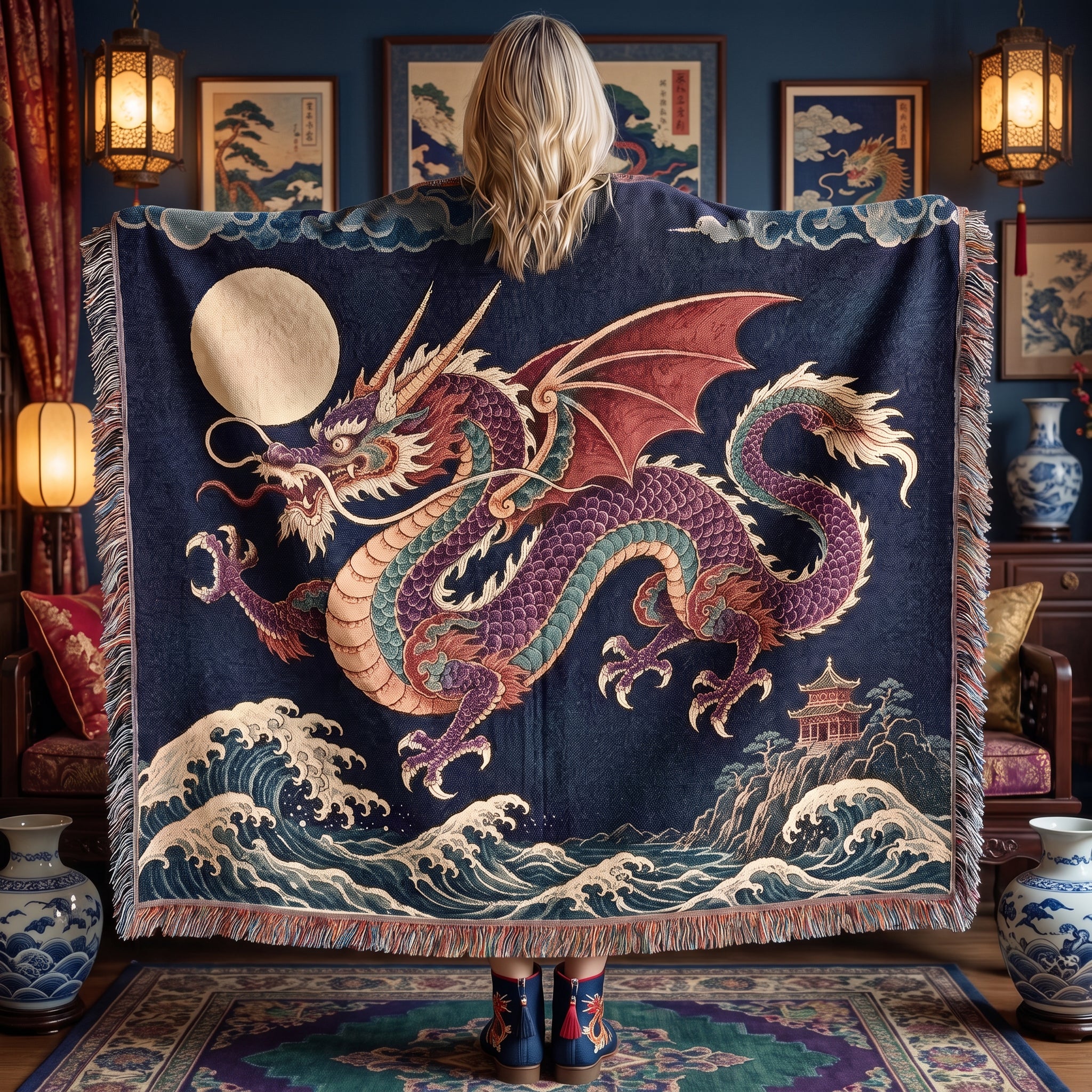 Moonlit Dragon Woven Blanket – Asian Fantasy Tapestry Throw