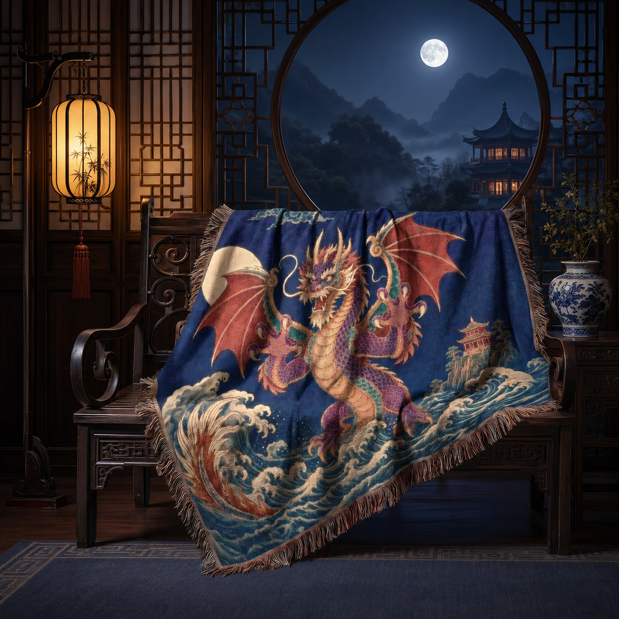 Crimson Moon Dragon Woven Blanket – Asian Fantasy Tapestry Throw