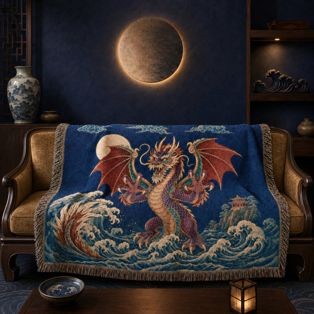 Crimson Moon Dragon Woven Blanket – Asian Fantasy Tapestry Throw