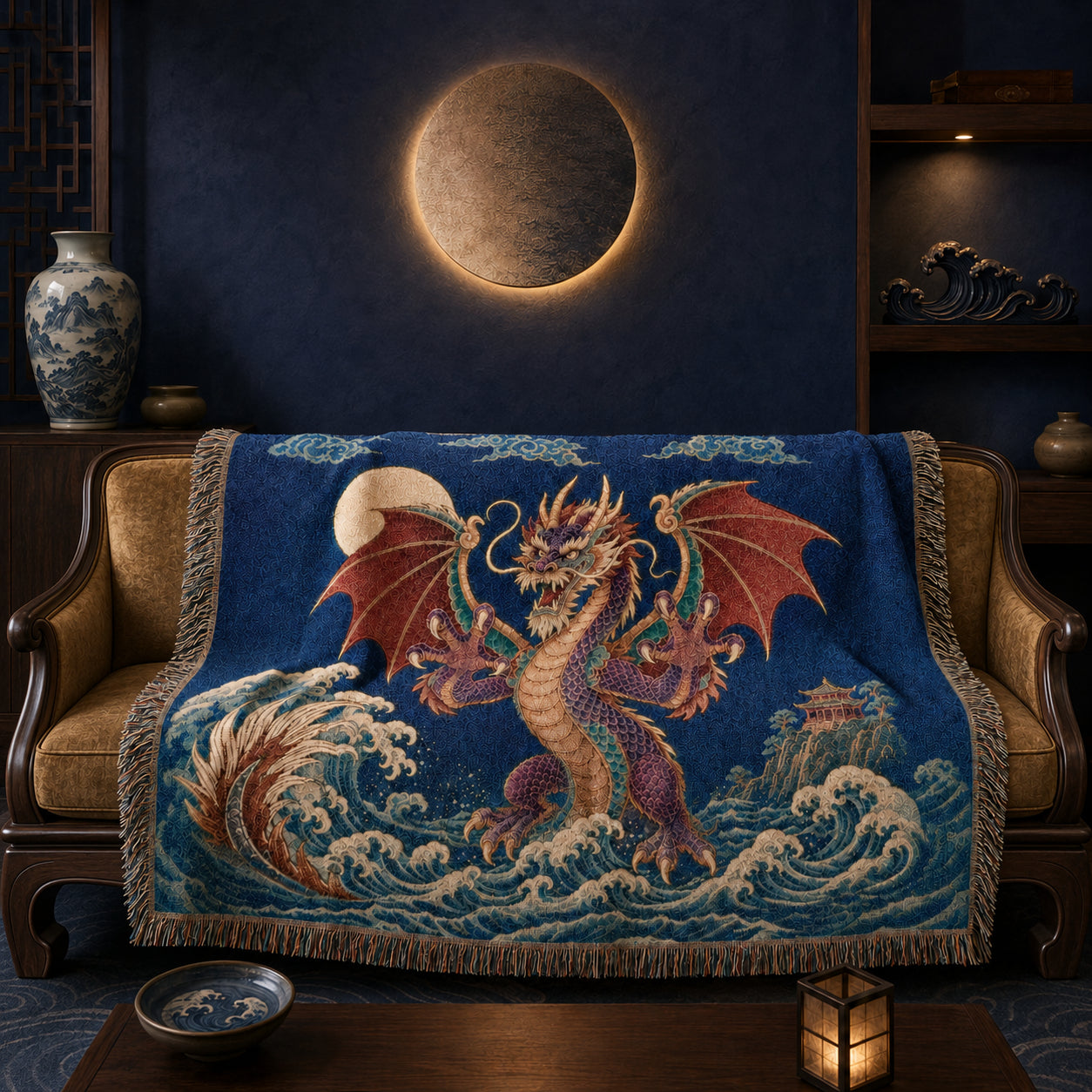 Crimson Moon Dragon Woven Blanket – Asian Fantasy Tapestry Throw