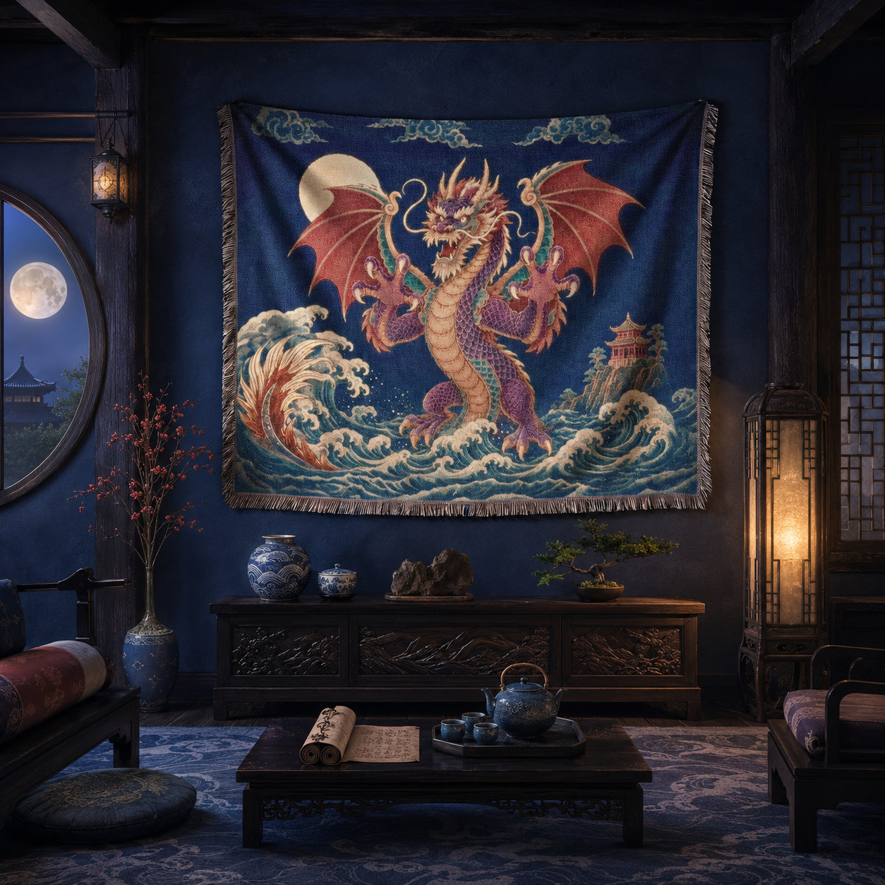 Crimson Moon Dragon Woven Blanket – Asian Fantasy Tapestry Throw