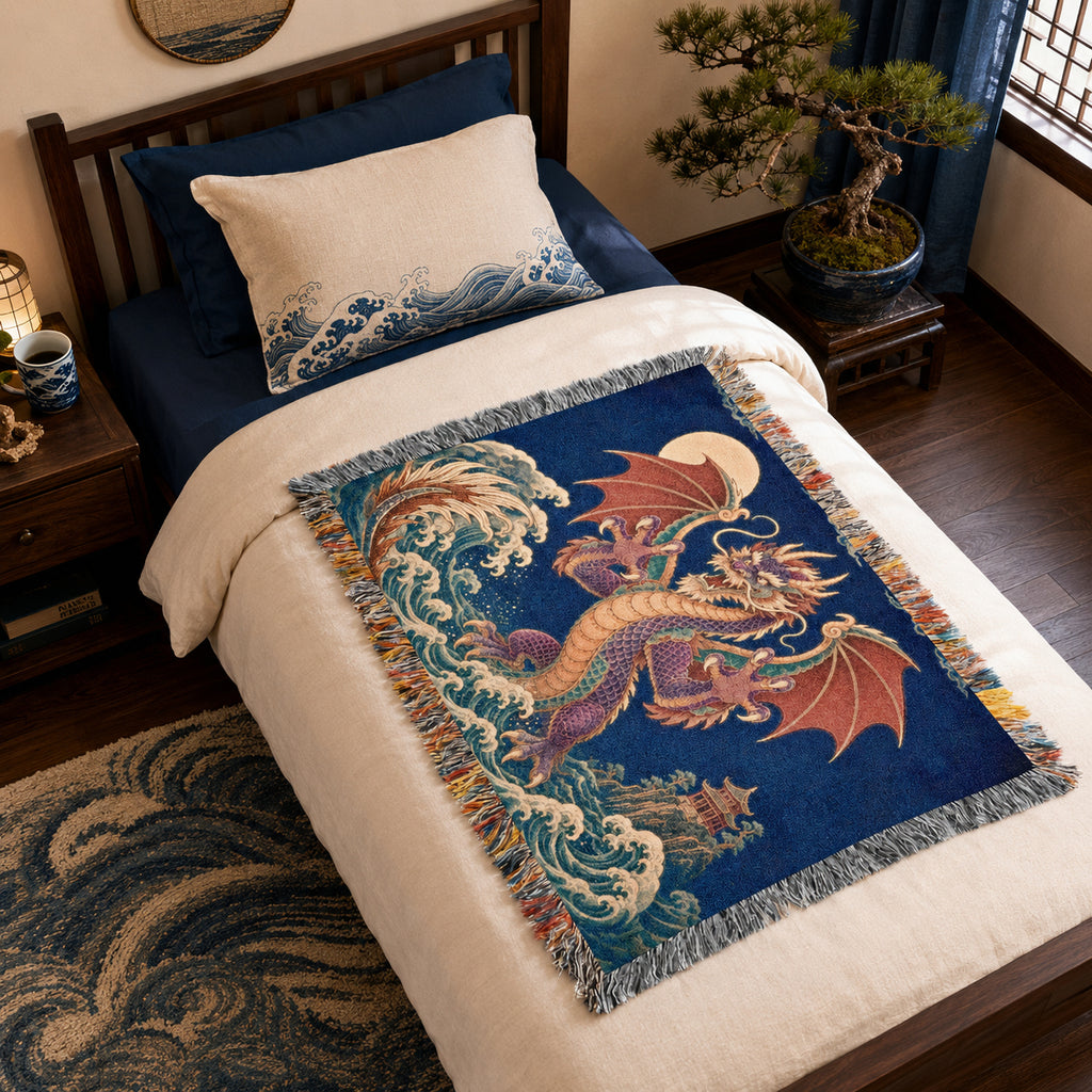 Crimson Moon Dragon Woven Blanket – Asian Fantasy Tapestry Throw