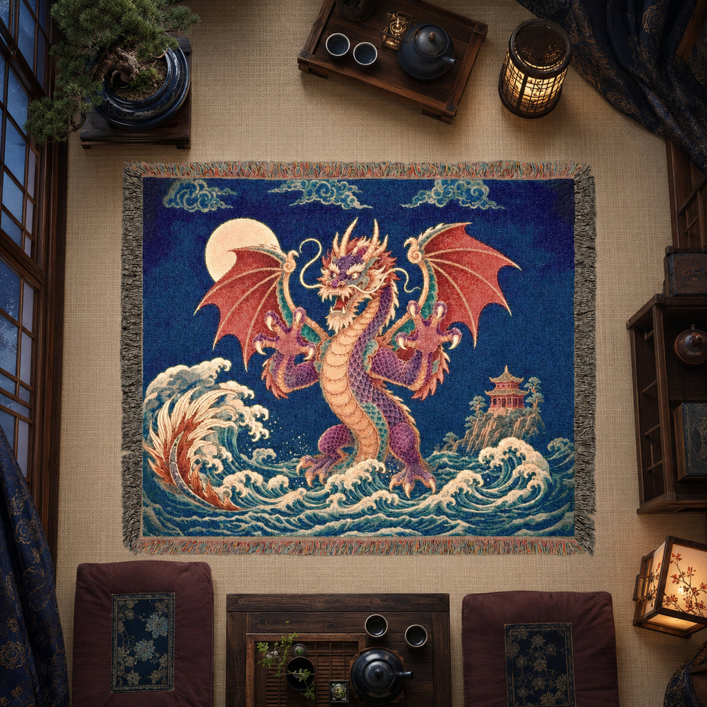 Crimson Moon Dragon Woven Blanket – Asian Fantasy Tapestry Throw