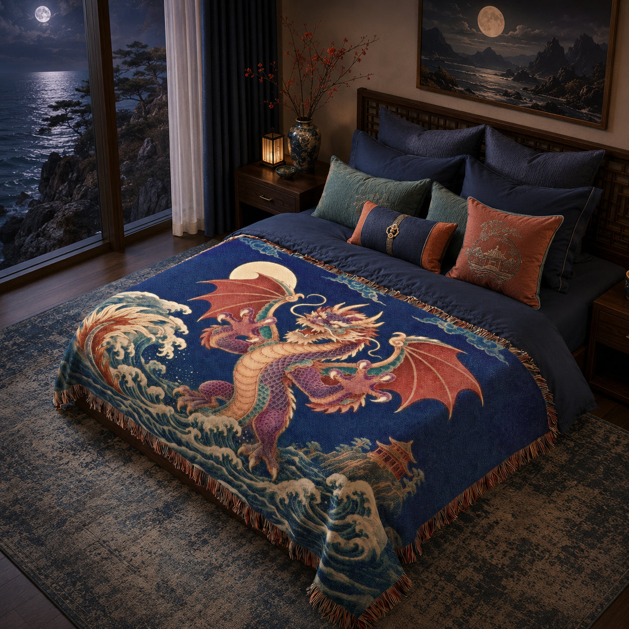 Crimson Moon Dragon Woven Blanket – Asian Fantasy Tapestry Throw