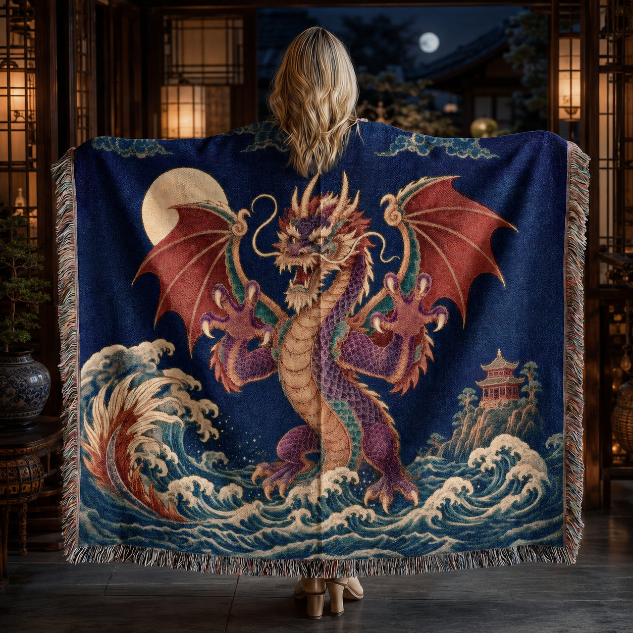 Crimson Moon Dragon Woven Blanket – Asian Fantasy Tapestry Throw