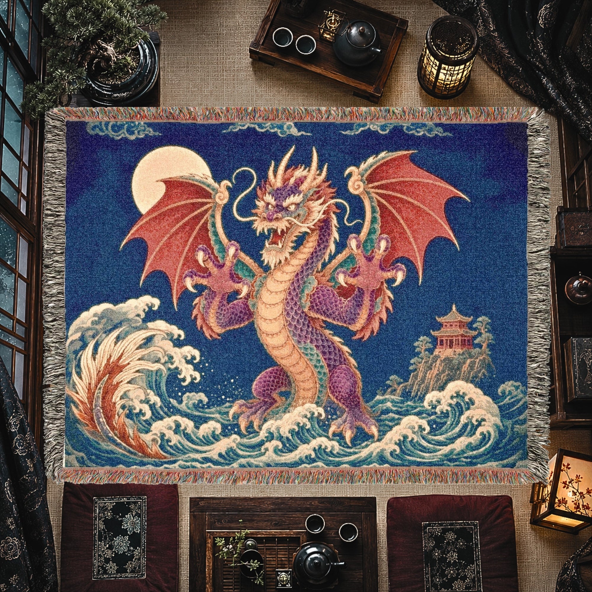 Crimson Moon Dragon Woven Blanket – Asian Fantasy Tapestry Throw