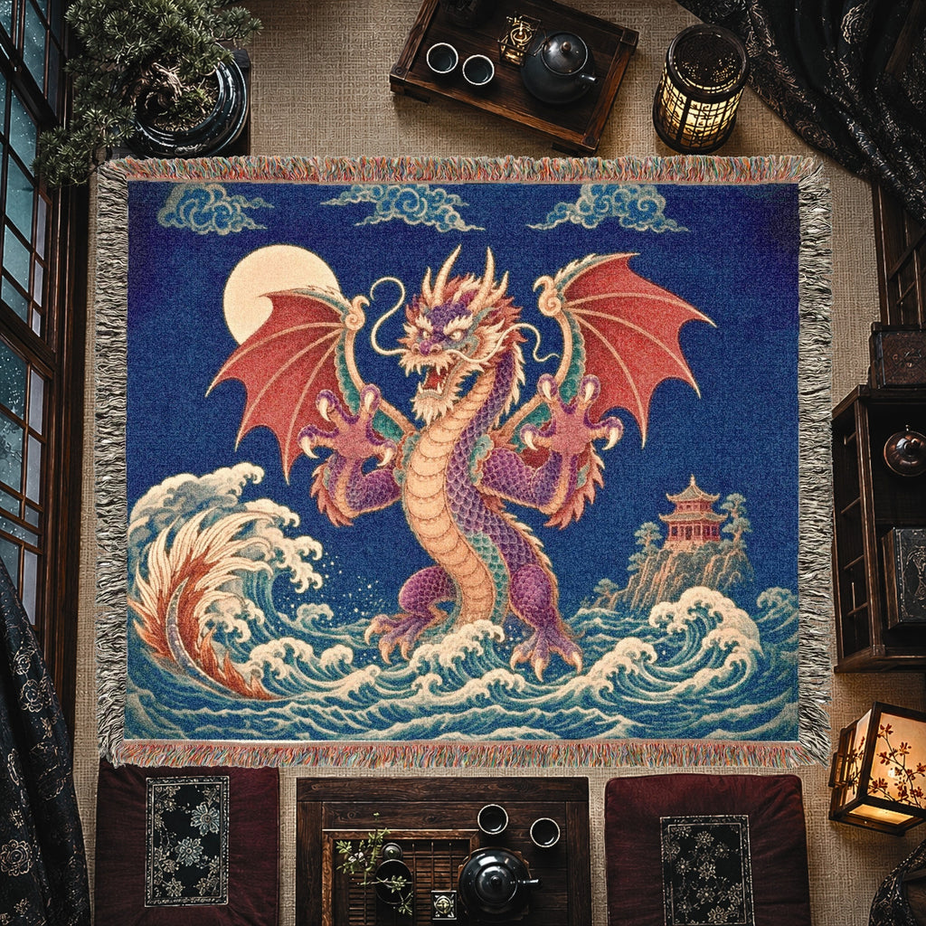 Crimson Moon Dragon Woven Blanket – Asian Fantasy Tapestry Throw