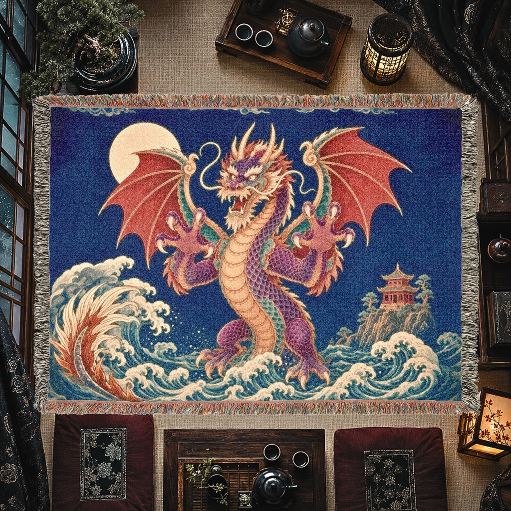 Crimson Moon Dragon Woven Blanket – Asian Fantasy Tapestry Throw