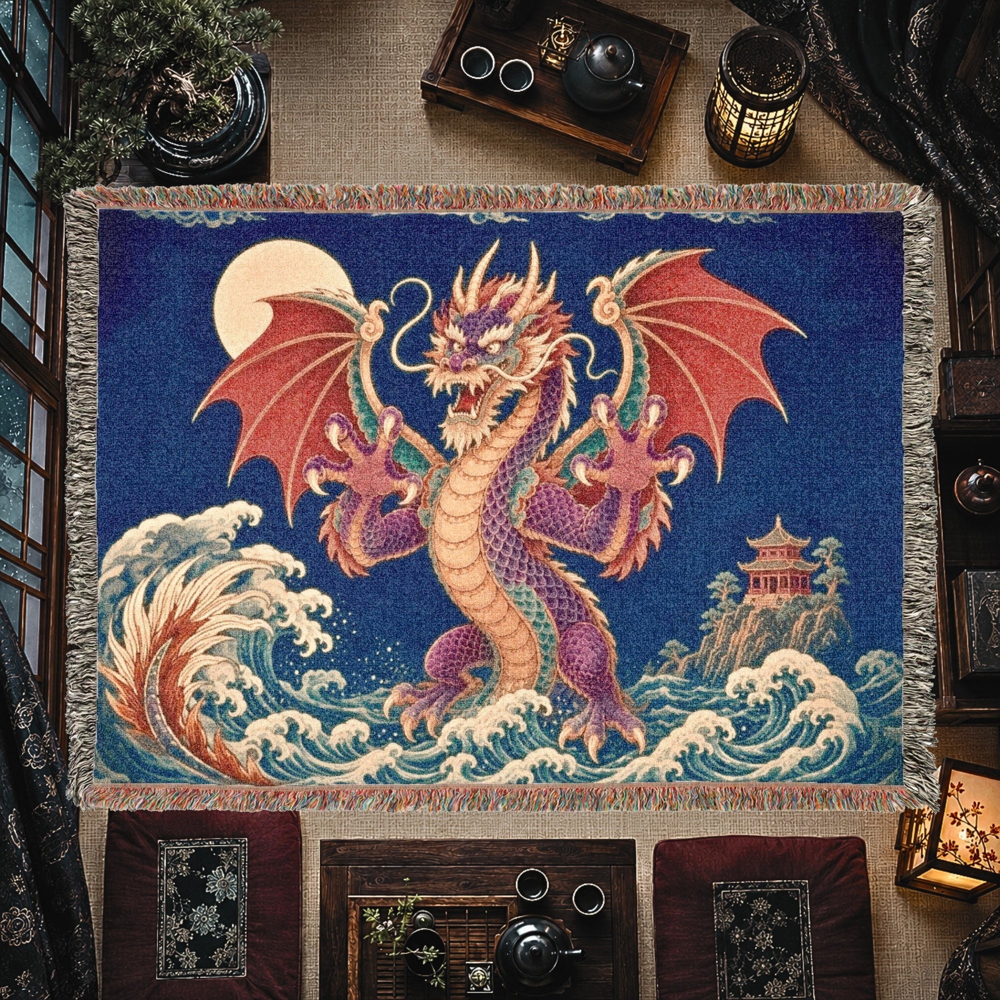 Crimson Moon Dragon Woven Blanket – Asian Fantasy Tapestry Throw