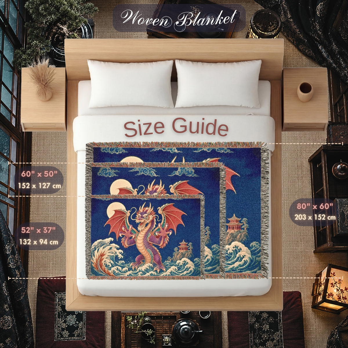 Crimson Moon Dragon Woven Blanket – Asian Fantasy Tapestry Throw