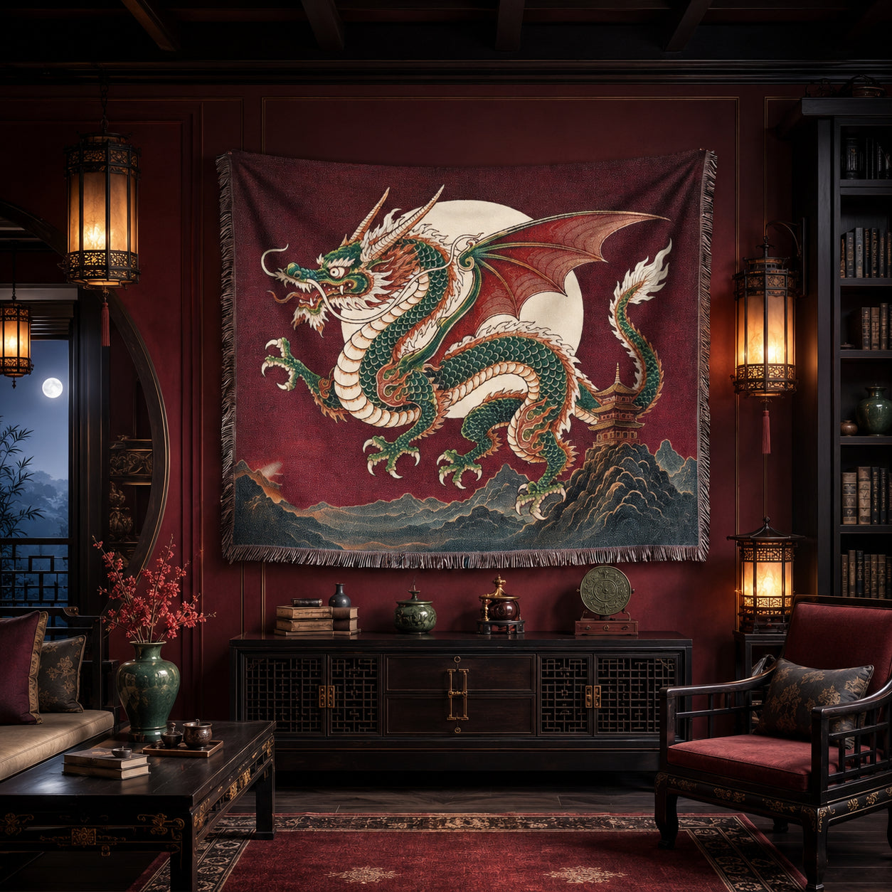 Jade Moon Dragon Woven Blanket – Asian Fantasy Tapestry Throw