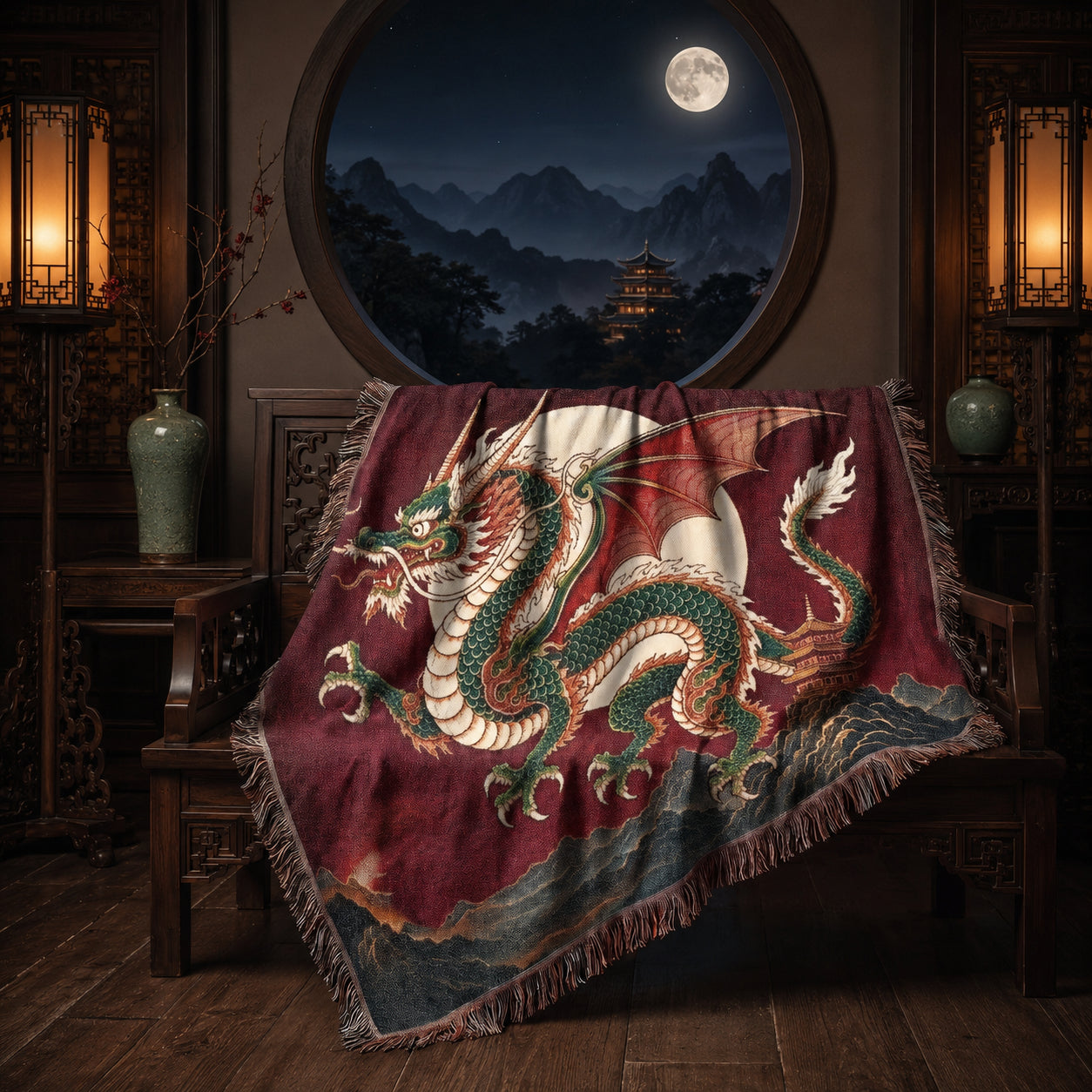 Jade Moon Dragon Woven Blanket – Asian Fantasy Tapestry Throw