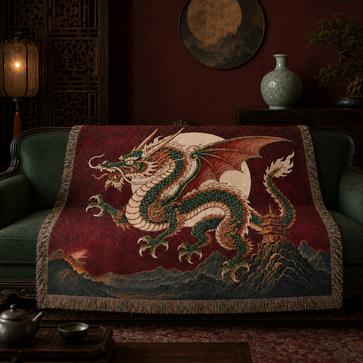 Jade Moon Dragon Woven Blanket – Asian Fantasy Tapestry Throw