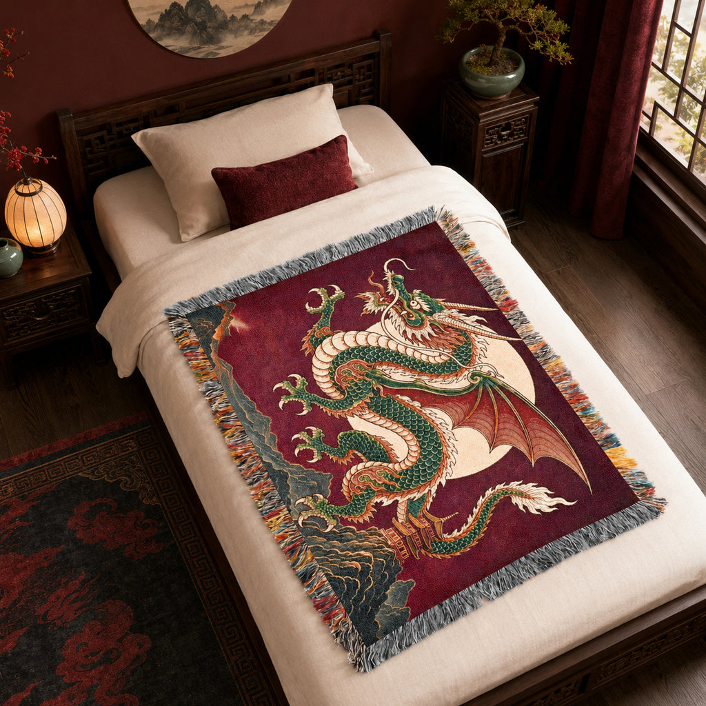 Jade Moon Dragon Woven Blanket – Asian Fantasy Tapestry Throw