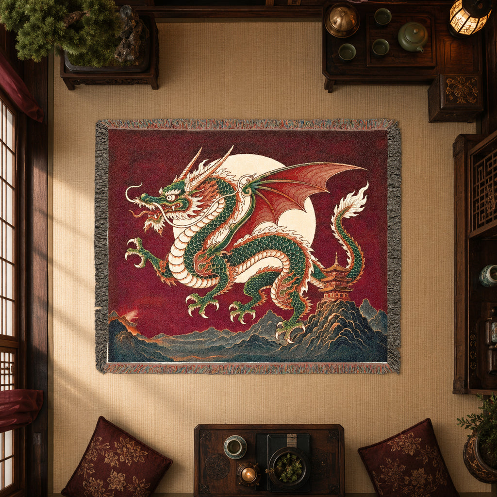 Jade Moon Dragon Woven Blanket – Asian Fantasy Tapestry Throw