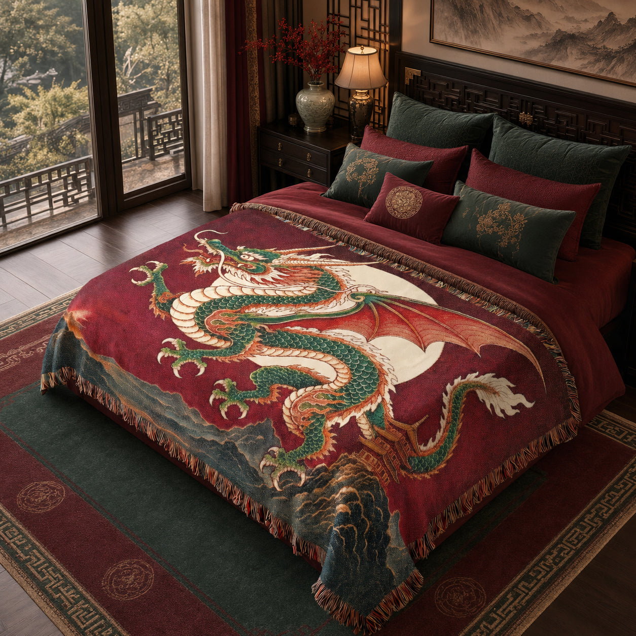 Jade Moon Dragon Woven Blanket – Asian Fantasy Tapestry Throw