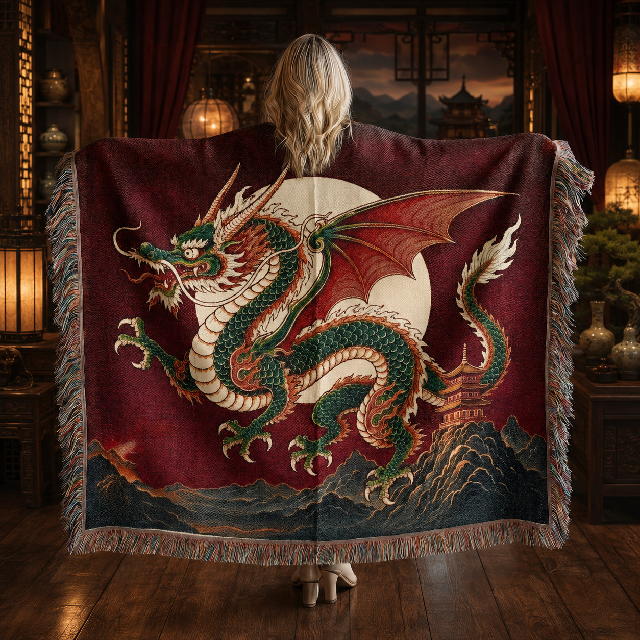 Jade Moon Dragon Woven Blanket – Asian Fantasy Tapestry Throw
