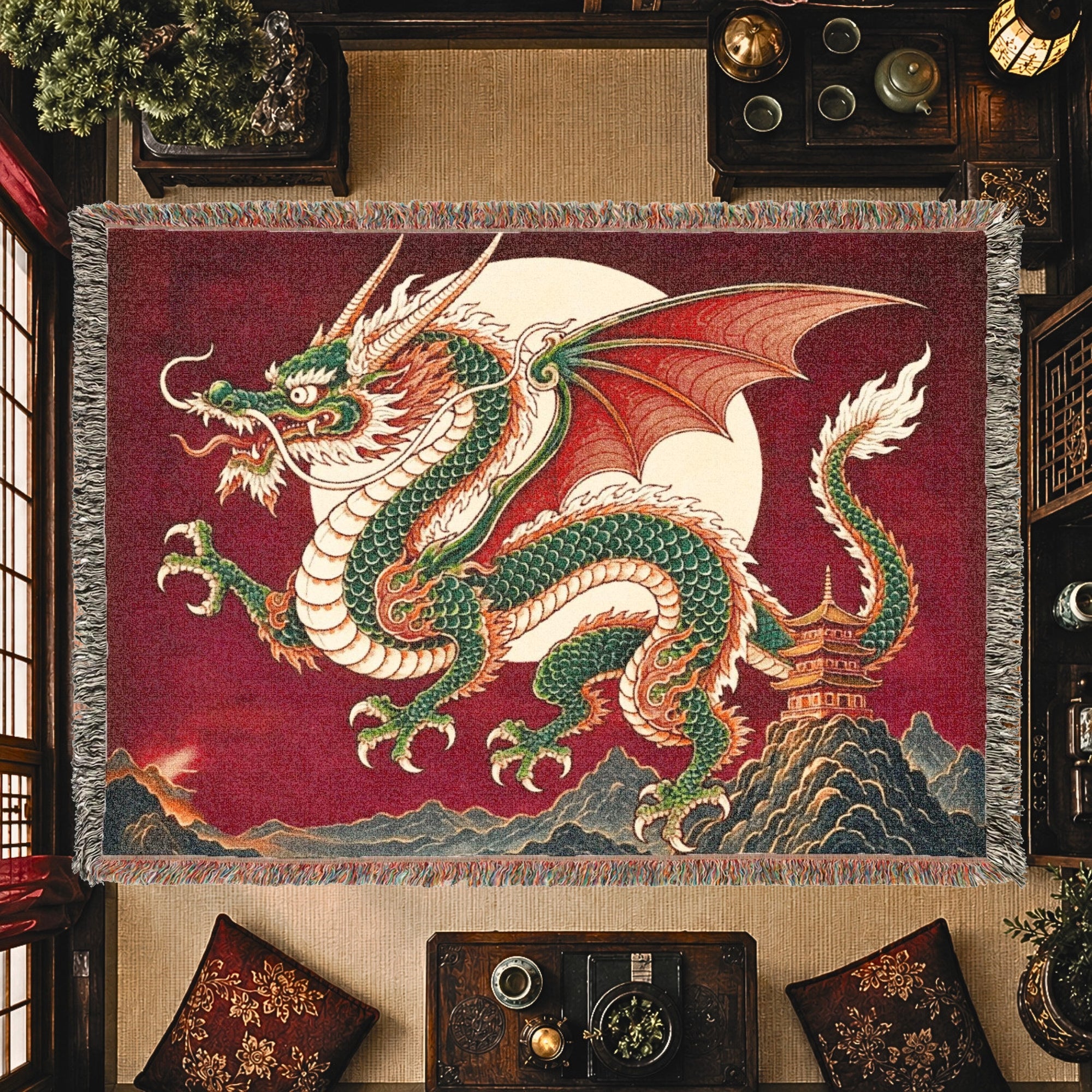 Jade Moon Dragon Woven Blanket – Asian Fantasy Tapestry Throw
