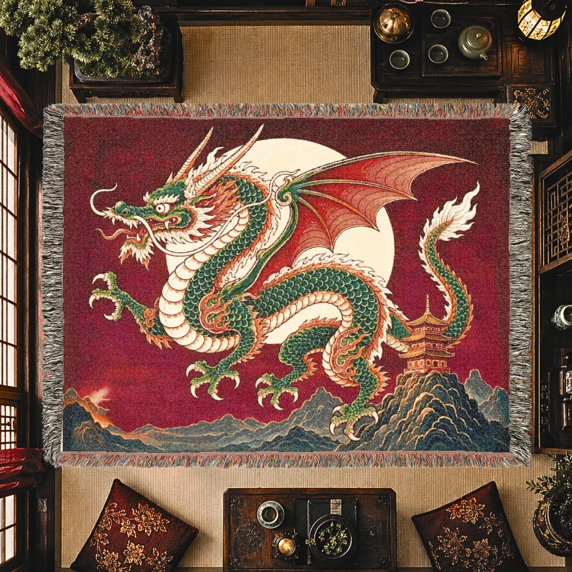 Jade Moon Dragon Woven Blanket – Asian Fantasy Tapestry Throw