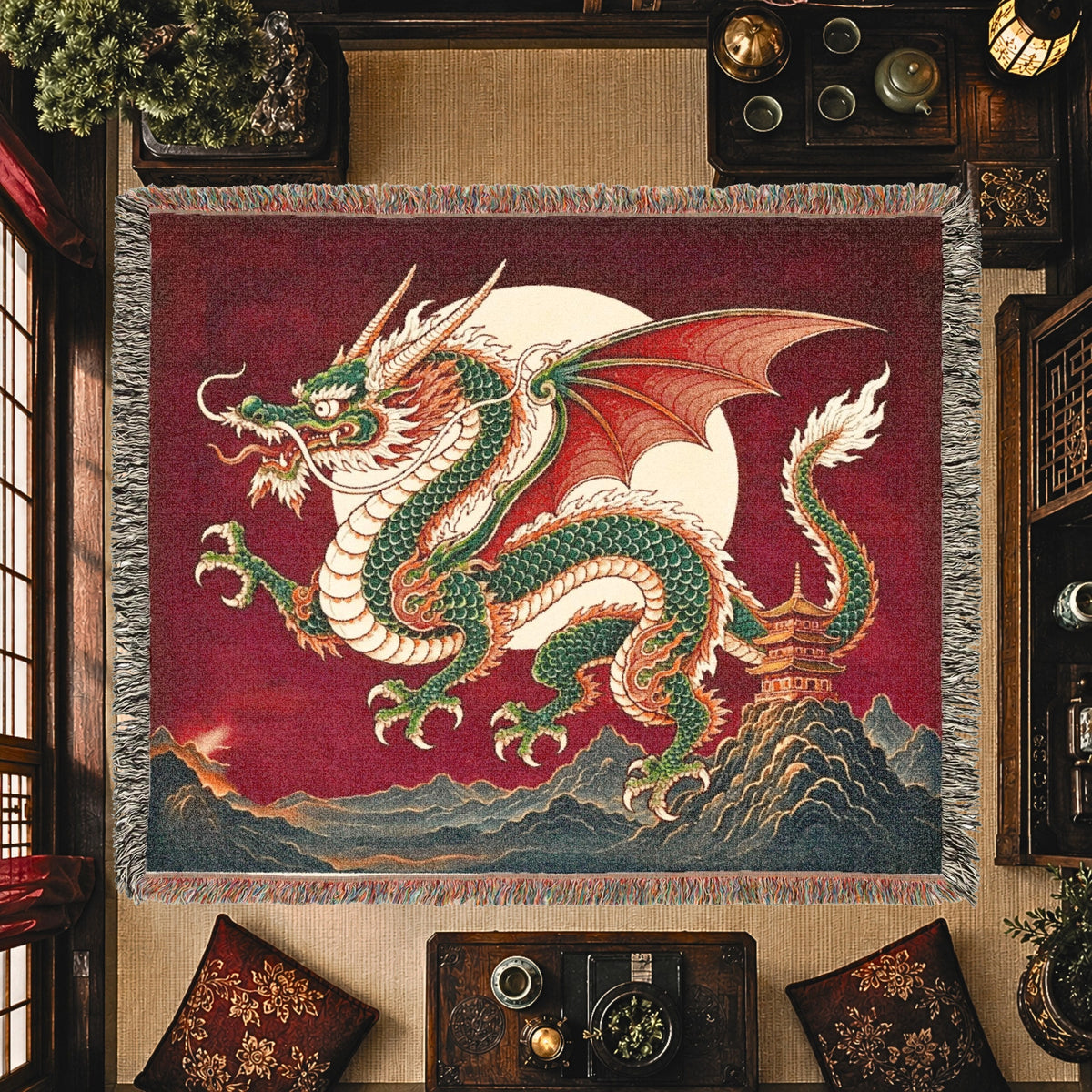 Jade Moon Dragon Woven Blanket – Asian Fantasy Tapestry Throw