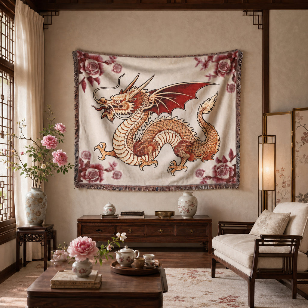 Rose Garden Dragon Woven Blanket – Floral Fantasy Tapestry Throw