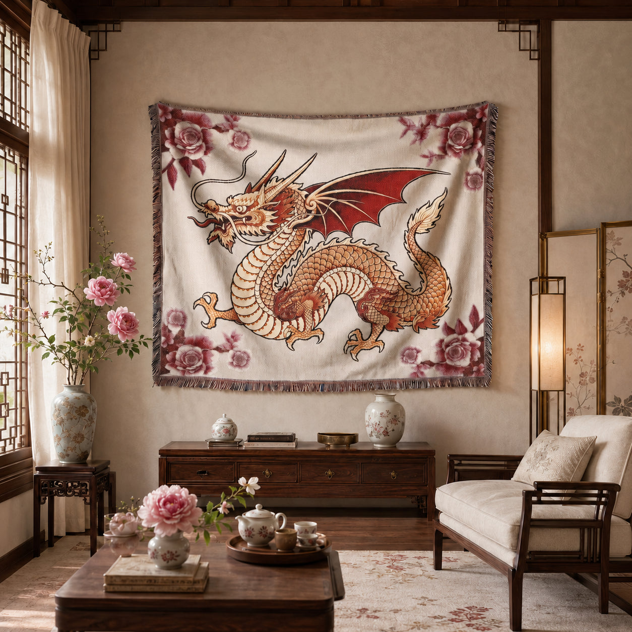 Rose Garden Dragon Woven Blanket – Floral Fantasy Tapestry Throw