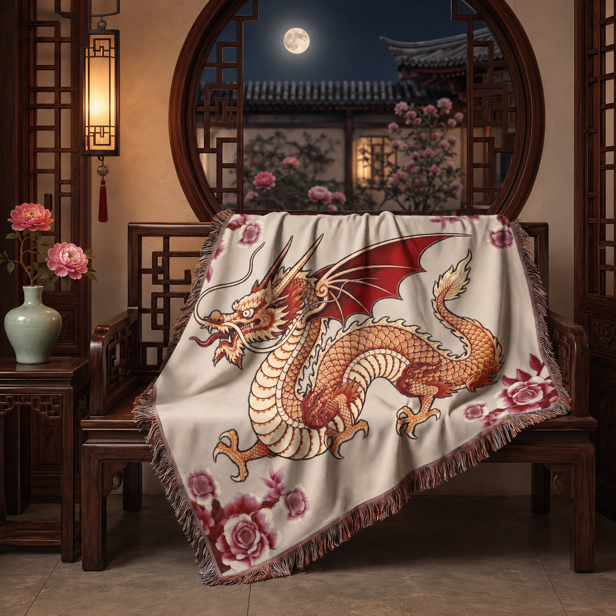 Rose Garden Dragon Woven Blanket – Floral Fantasy Tapestry Throw
