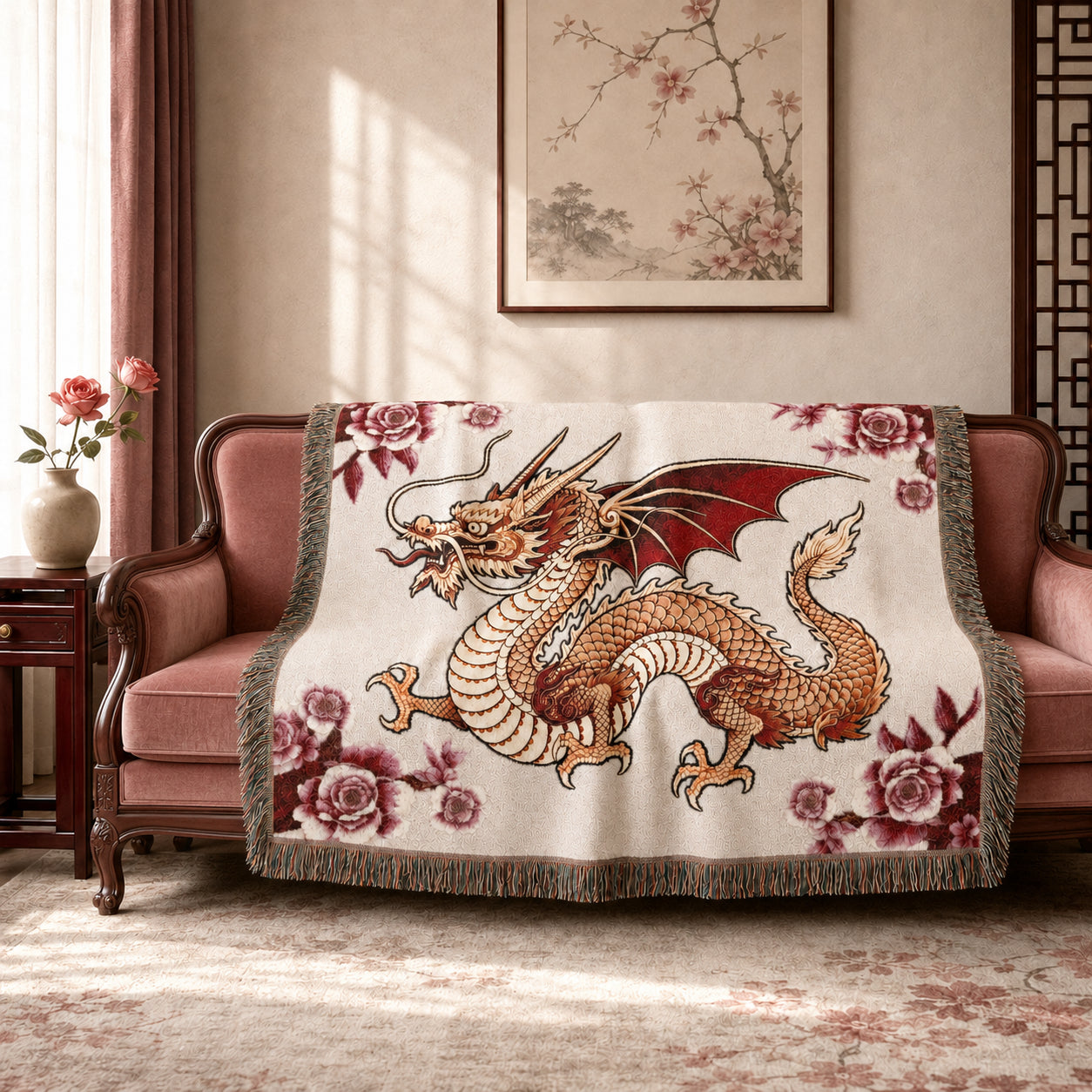 Rose Garden Dragon Woven Blanket – Floral Fantasy Tapestry Throw