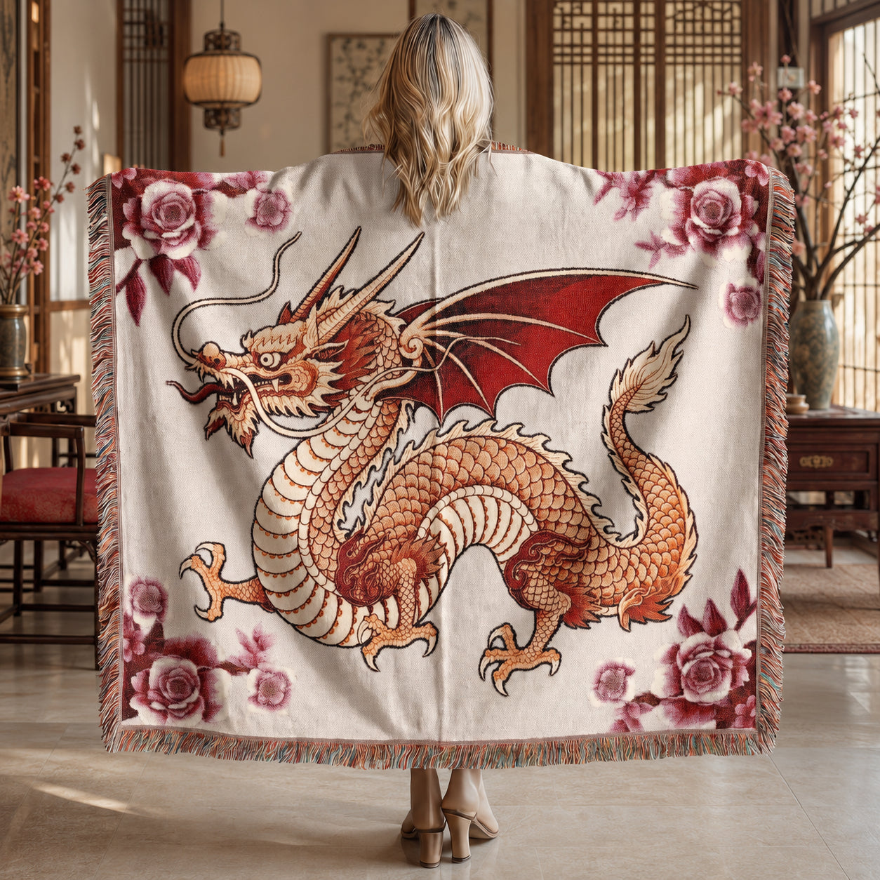 Rose Garden Dragon Woven Blanket – Floral Fantasy Tapestry Throw