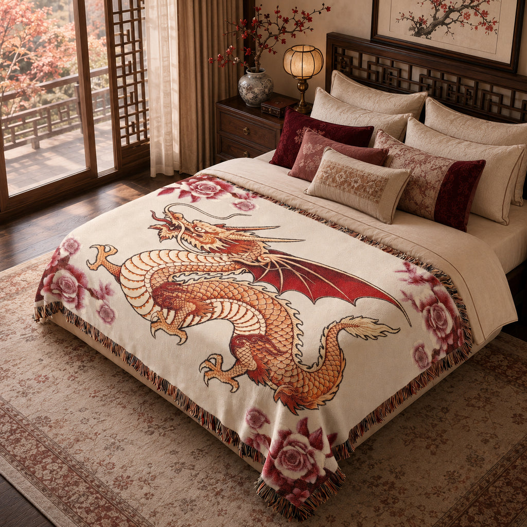 Rose Garden Dragon Woven Blanket – Floral Fantasy Tapestry Throw
