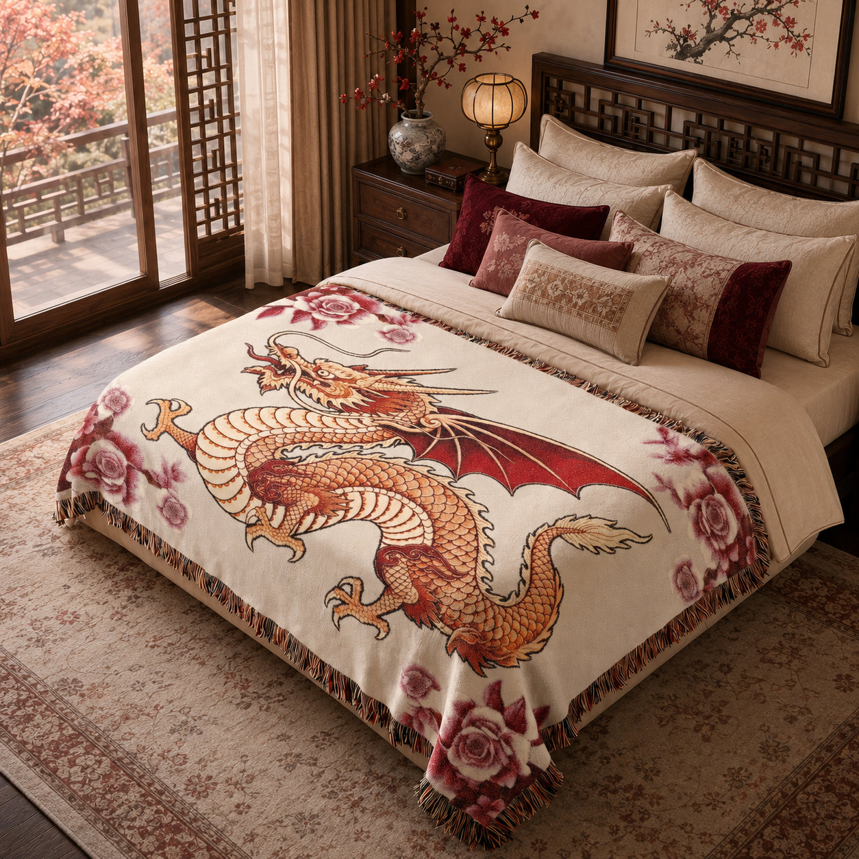 Rose Garden Dragon Woven Blanket – Floral Fantasy Tapestry Throw