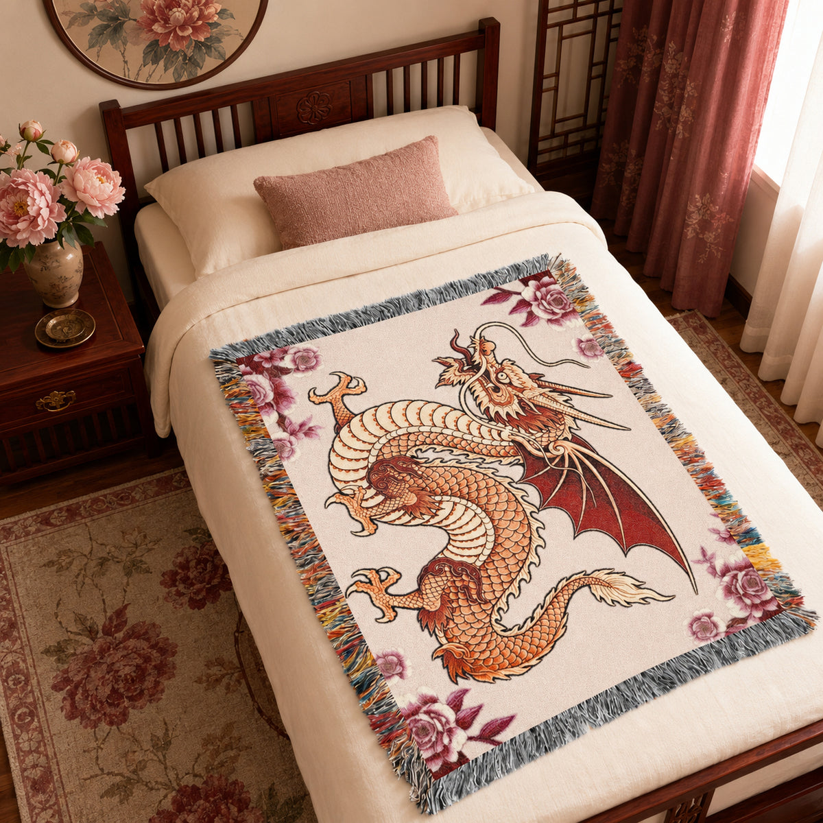 Rose Garden Dragon Woven Blanket – Floral Fantasy Tapestry Throw