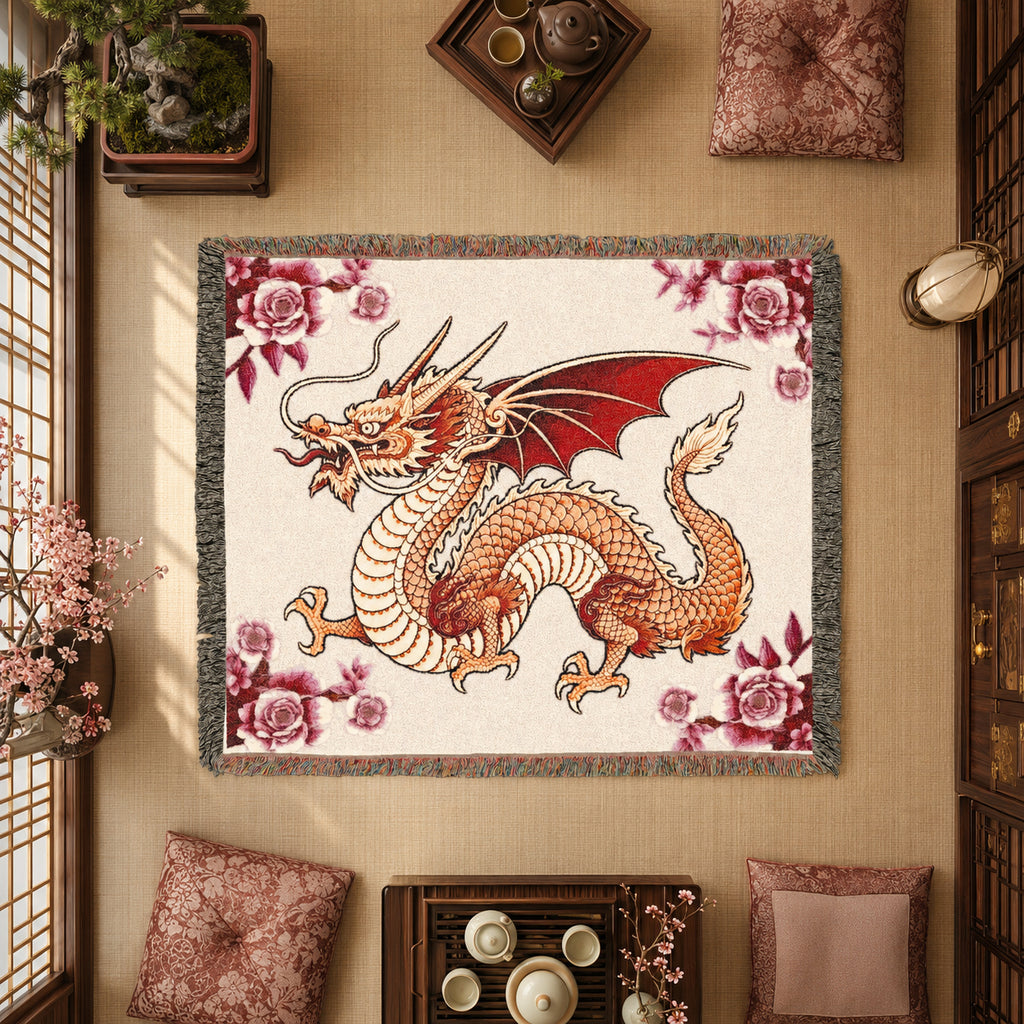 Rose Garden Dragon Woven Blanket – Floral Fantasy Tapestry Throw