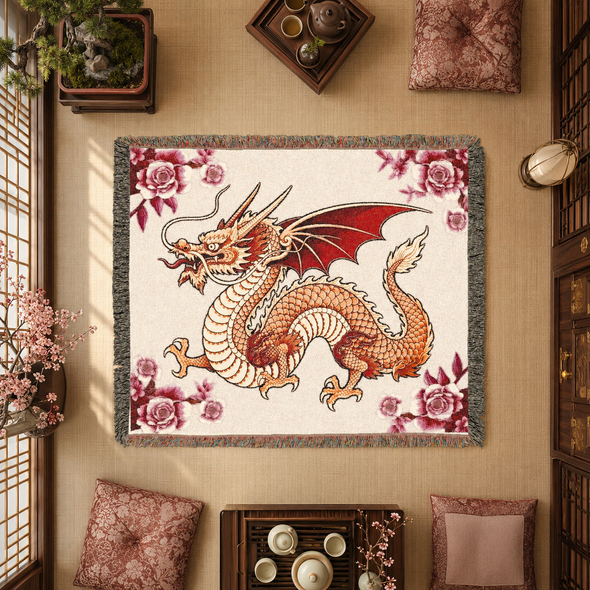 Rose Garden Dragon Woven Blanket – Floral Fantasy Tapestry Throw