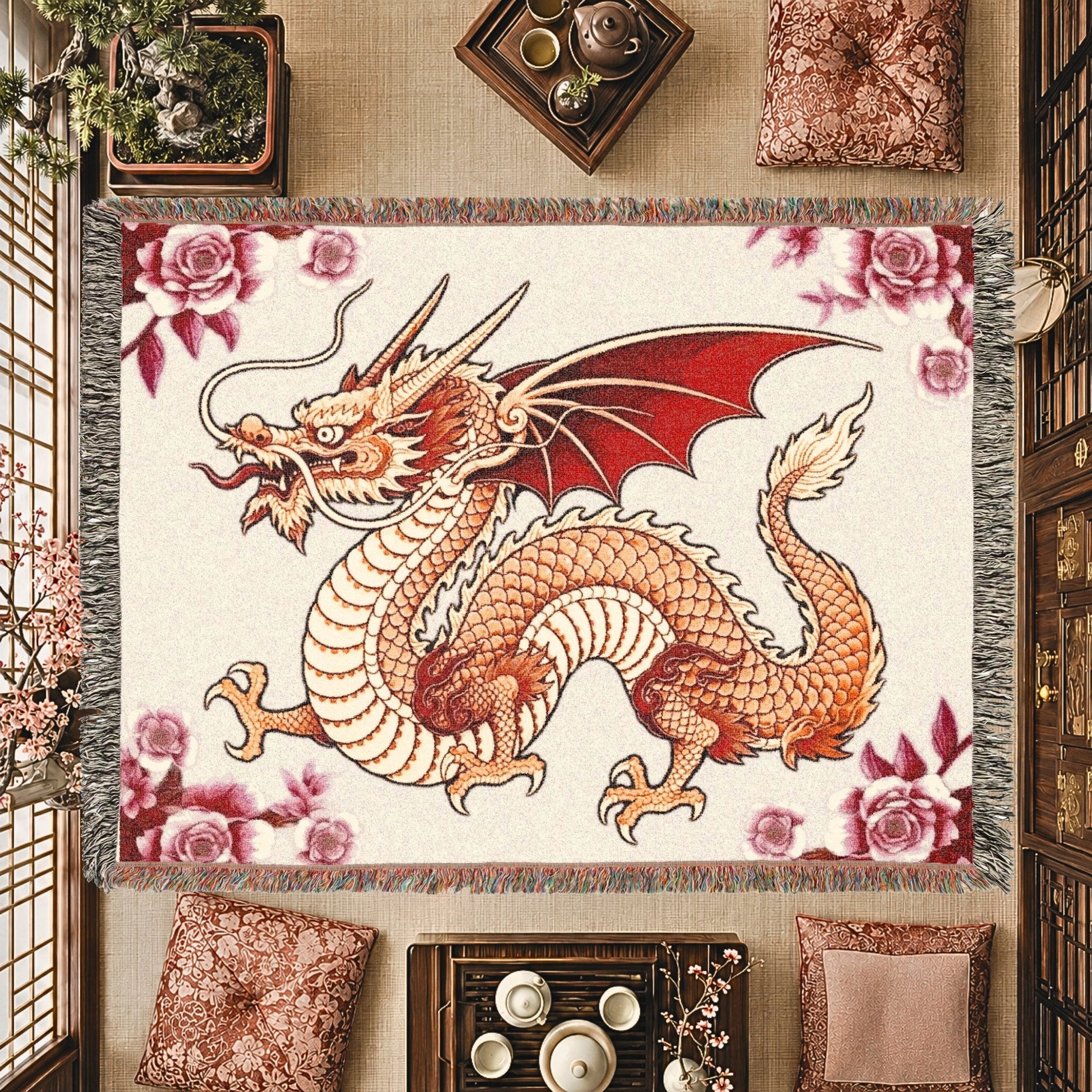 Rose Garden Dragon Woven Blanket – Floral Fantasy Tapestry Throw