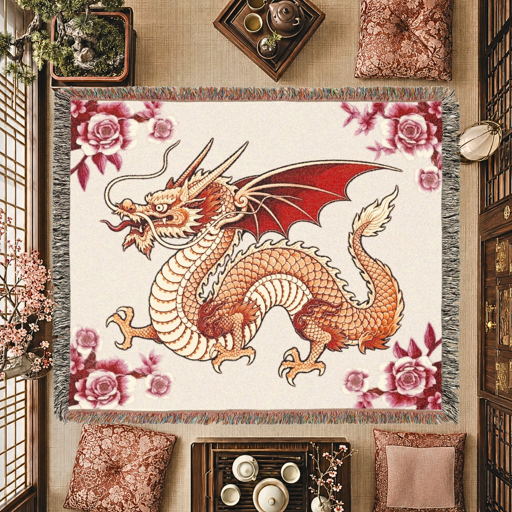 Rose Garden Dragon Woven Blanket – Floral Fantasy Tapestry Throw