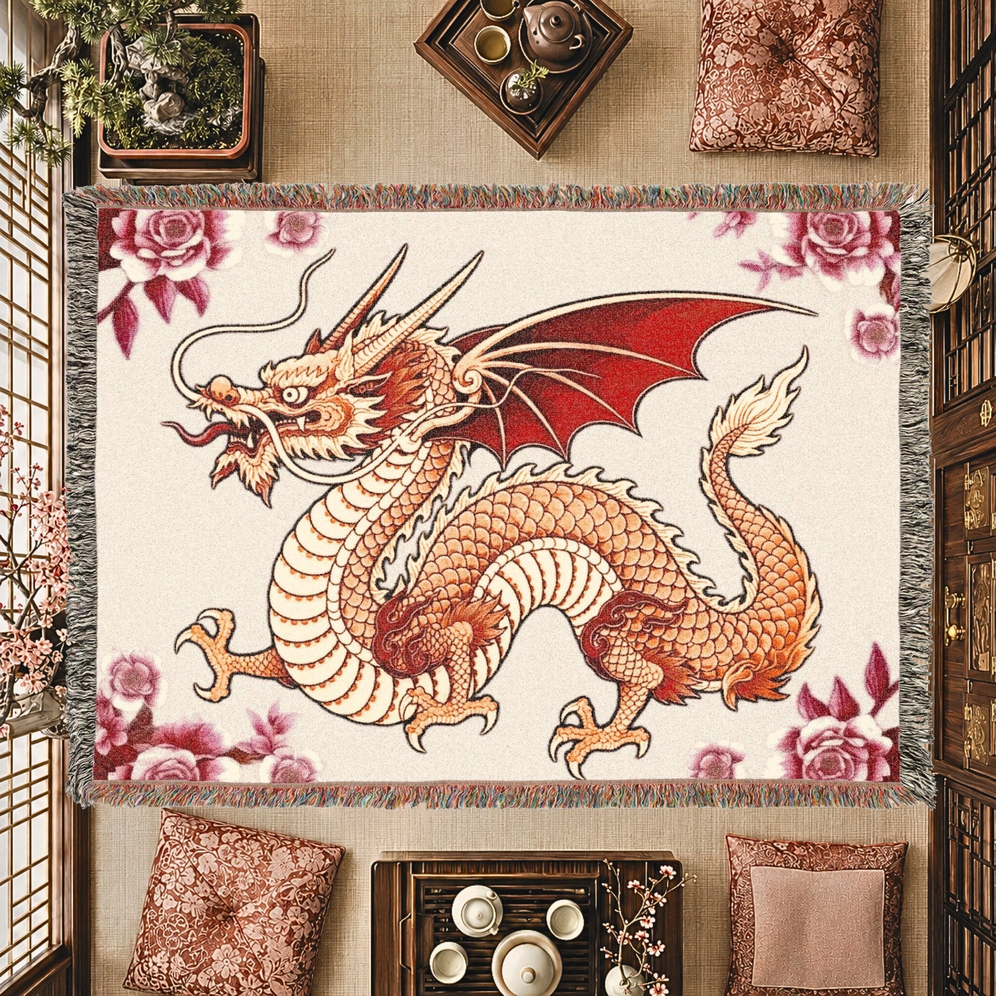 Rose Garden Dragon Woven Blanket – Floral Fantasy Tapestry Throw