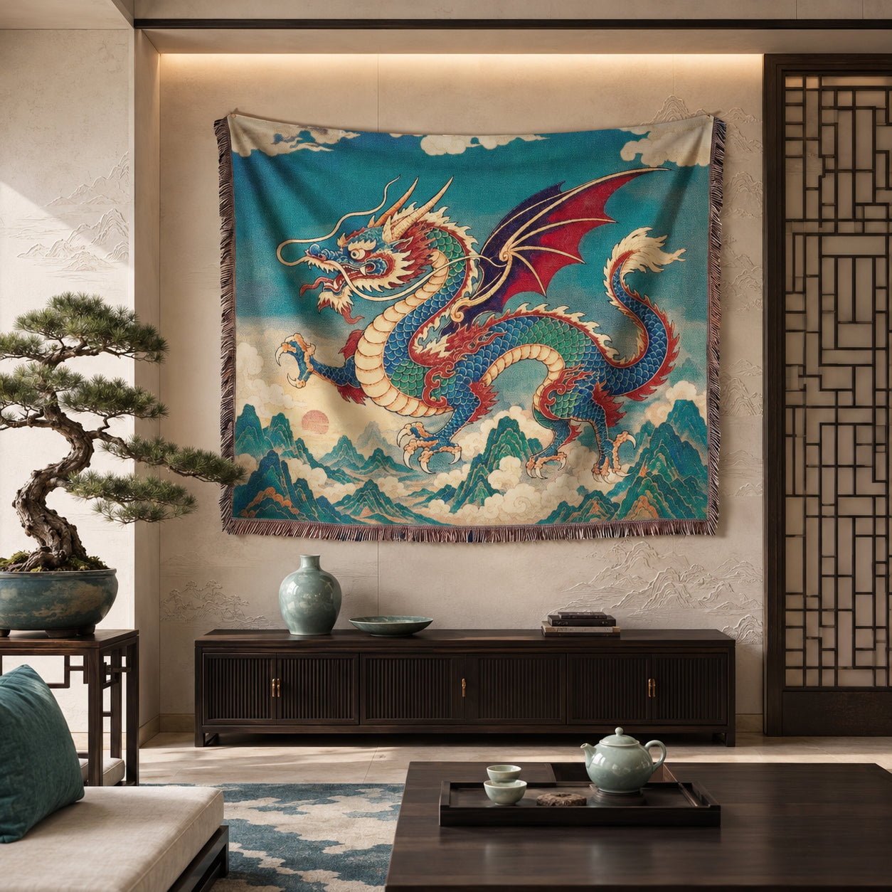 Azure Mountain Dragon Woven Blanket – Asian Fantasy Tapestry Throw