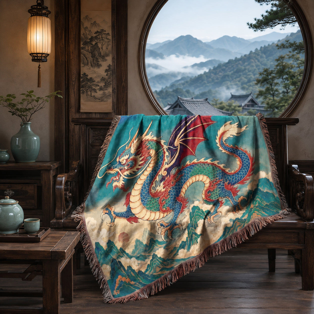 Azure Mountain Dragon Woven Blanket – Asian Fantasy Tapestry Throw