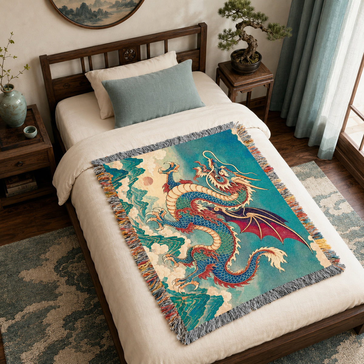 Azure Mountain Dragon Woven Blanket – Asian Fantasy Tapestry Throw