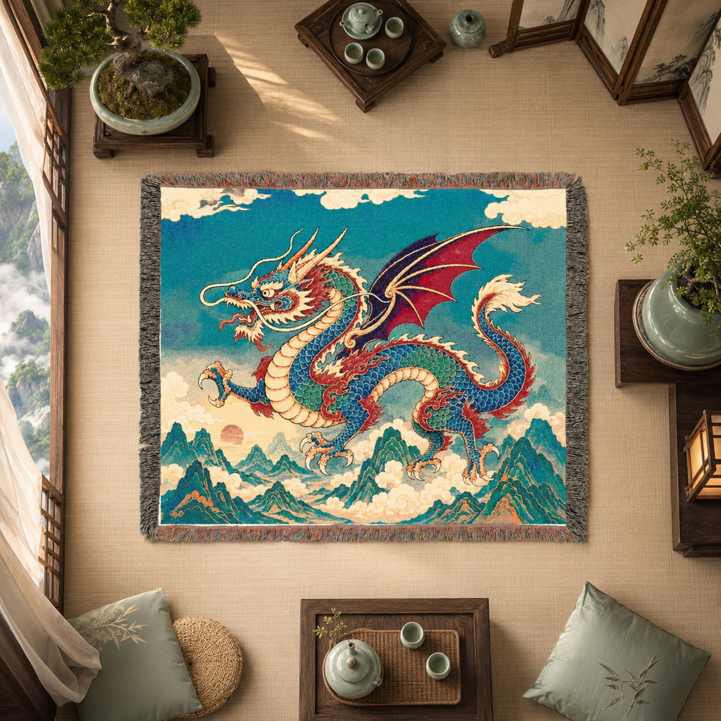Azure Mountain Dragon Woven Blanket – Asian Fantasy Tapestry Throw