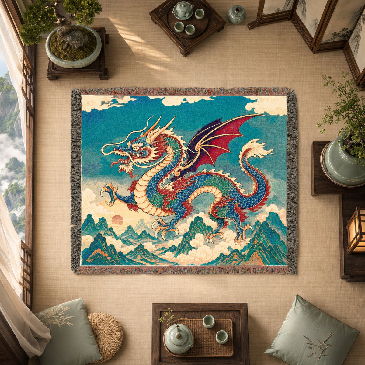 Azure Mountain Dragon Woven Blanket – Asian Fantasy Tapestry Throw