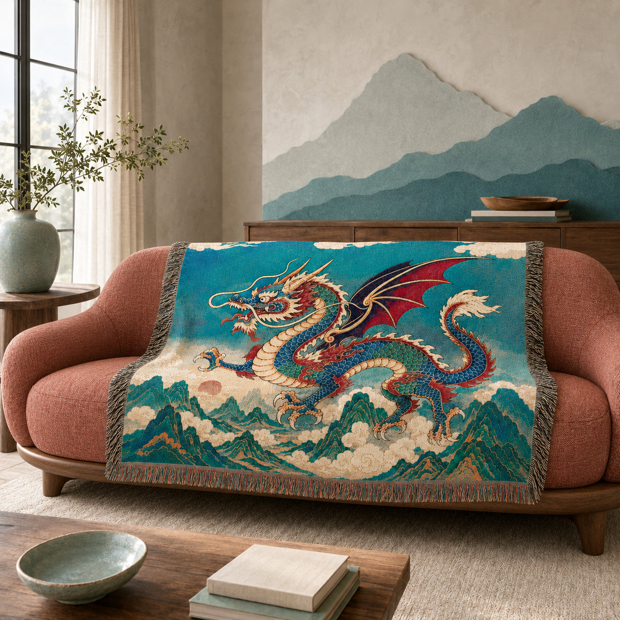 Azure Mountain Dragon Woven Blanket – Asian Fantasy Tapestry Throw